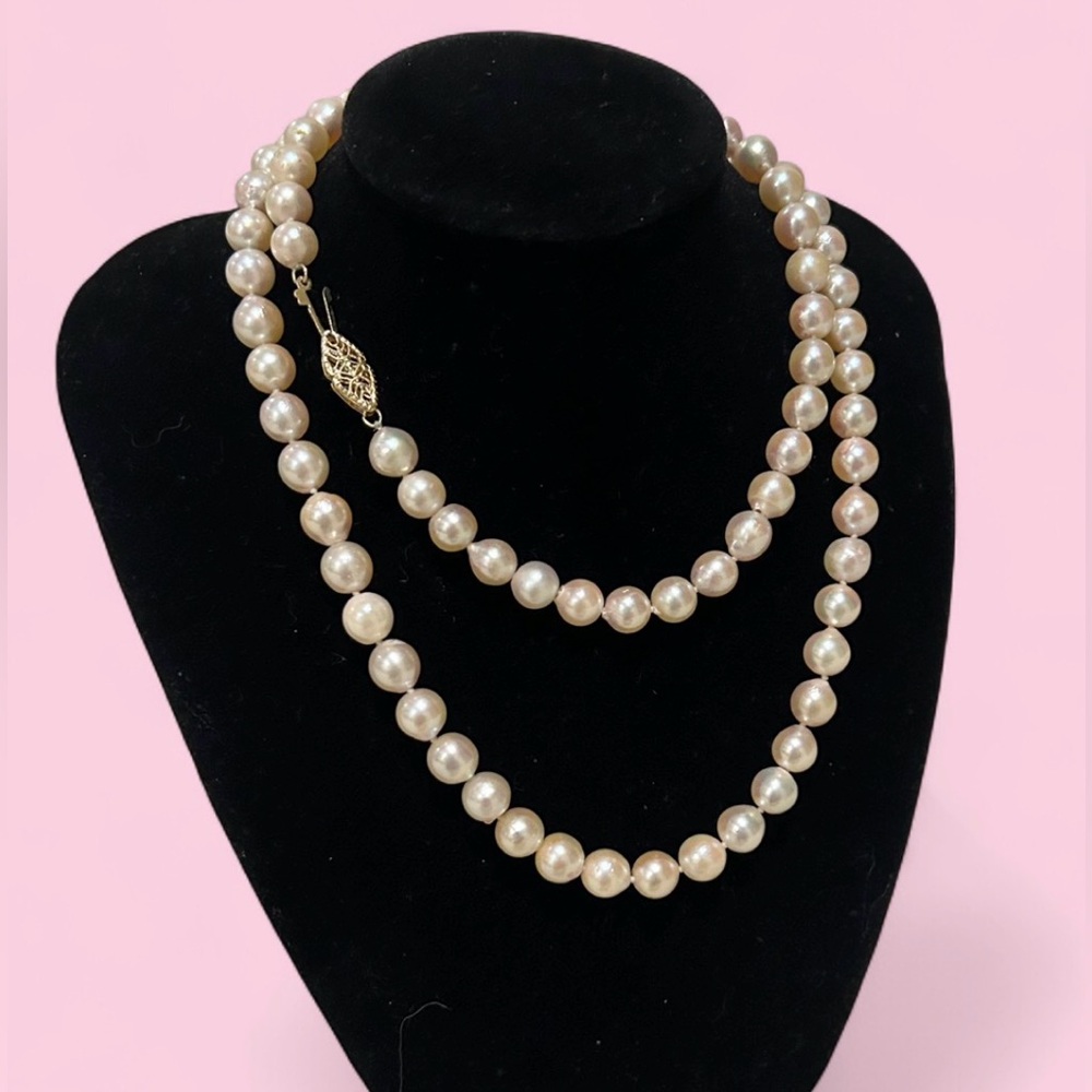 Vtg 26” Genuine Cultured Pearl & 14K Gold Clasp Necklace